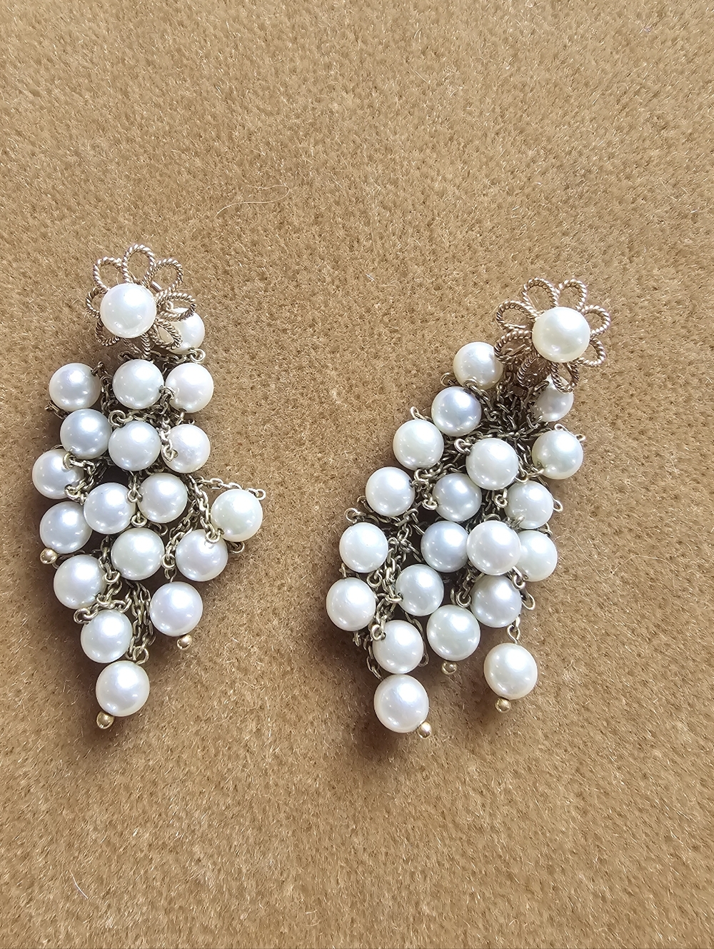 Vintage 14K Gold Cultured Pearl Grape Cluster Earrings Tassel Drop Estate